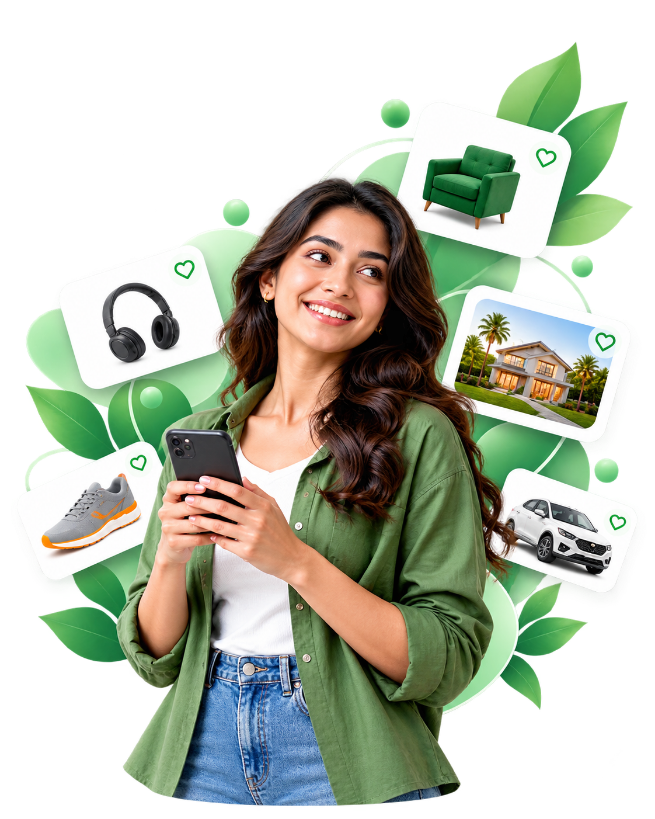 Smiling woman browsing local products and homes on her phone